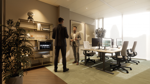 Moderne kantoorruimte huren aan de Claude Debussylaan 80-134 in Amsterdam Zuidas, met stijlvolle inrichting en collega’s in gesprek.