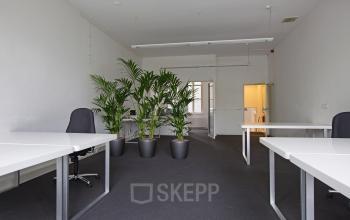 kantoorruimte ingericht gemeubileerd afgesloten amsterdam keizersgracht plant bureau's stoelen vloerbedekking deuropening