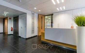Moderne ontvangstbalie in kantoorpand aan Het Rietveld 55A in Apeldoorn met subtiele plantendecoratie.
