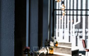 Een moderne werkruimte in een kantoorpand met houten tafels, stijlvolle hanglampen en decoratieve bloemen, ideaal voor kantoorruimte huren in Apeldoorn.