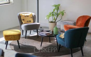 Gezellige kantoorruimte te huur op Prins Willem-Alexanderlaan 401, Apeldoorn, met kleurrijke stoelen en een plant rond een ronde tafel.