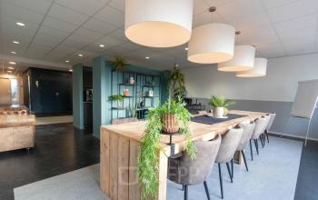 Een moderne kantoorruimte met lange houten tafel en gestoffeerde stoelen, groene planten en grote hanglampen. Ideaal om kantoorruimte te huren in Apeldoorn op Prins Willem-Alexanderlaan 401.