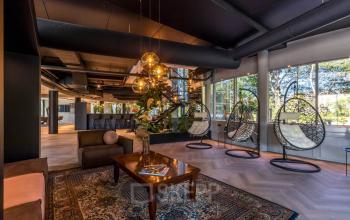 Stijlvolle kantoorruimte aan de Landdrostlaan 51 in Apeldoorn met hangstoelen, een zithoek en natuurlijke lichtinval. Geschikt voor kantoorruimte huren met een moderne en uitnodigende uitstraling.