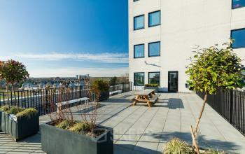 Ruime buitenruimte op het kantoorpand aan Prins Willem Alexanderlaan 701 in Apeldoorn met een prachtig uitzicht, voorzien van picknicktafels en plantenbakken.