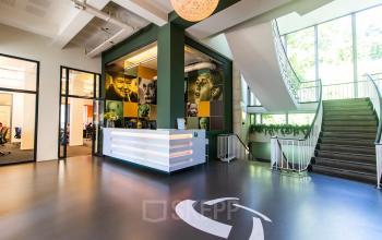 Ruime kantoorentree met grote trap en kleurrijke receptie in kantoorpand aan de Jansbuitensingel 7, Arnhem Centrum. Inspirerende afbeeldingen op de muur en natuurlijk licht vullen de uitnodigende ruimte.