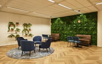 Moderne kantoorruimte huren in Delta 1, Arnhem IJsseloord, met groene wand, planten en stijlvolle zitmogelijkheden.