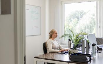 Een licht kantoor op Vlamoven 34 in Arnhem IJsseloord met een bureau, computer en een plant. Een persoon voert werk uit aan het bureau. Ideale ruimte voor kantoorruimte huren.