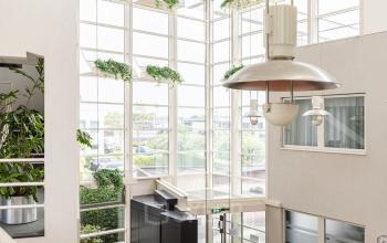 Ruime entree met hoge ramen in kantoorpand op Vlamoven 34, Arnhem IJsseloord. Veel natuurlijke lichtinval en moderne inrichting met planten en ronde tafels. Ideale plek voor kantoorruimte huren in Arnhem.