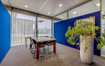 Kantoorruimte te huur aan de Meester D.U. Stikkerstraat 11 in Arnhem Zuid, met modern interieur, glazen wanden en een grote plant als decoratie.