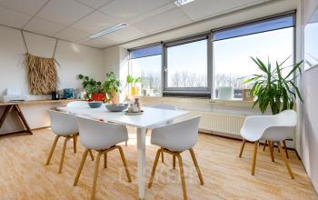 Lichte kantoorruimte met een moderne vergadertafel en vijf stoelen, omringd door planten en kunst aan de muur. Grote ramen zorgen voor veel daglicht in het kantoor op de Kamerlingh Onnesweg 10, ideaal om te huren.