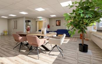 Gezellige werkruimte in een kantoor op Kamerlingh Onnesweg 10, Barendrecht met een tafel, stoelen, bank en planten. Ideale plek voor kantoorruimte huren.