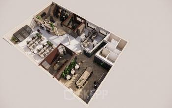 Overzicht van een modern kantoorpand op De Maas 8, Best, met verschillende werkplekken en open ontwerp. Ideaal voor bedrijf dat kantoorruimte wil huren. Gezellige sfeer door groene accenten en multifunctionele indeling.