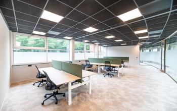 Lichte, moderne kantoorruimte met grote ramen, groen tapijt en witte werkstations met stoelen in kantoorpand op De Maas 8, Best. Zonlicht valt binnen via de ramen.