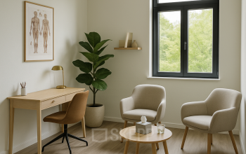 Stijlvolle en lichte kantoorruimte huren op Druivenstraat 25-31 in Breda Oost met moderne houten meubels en groen decor voor een inspirerende werkomgeving.