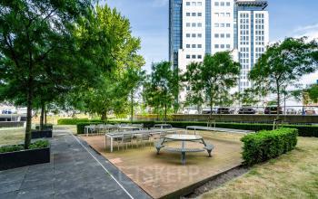 Buitenruimte van het kantoor op Rivium Quadrant 75 in Capelle aan den IJssel, met houten terras en zitplaatsen in een groene omgeving.