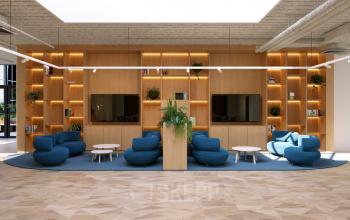 Moderne kantoorruimte huren in Capelle aan den IJssel met stijlvolle houten wand en comfortabele blauwe stoelen, gelegen op Essebaan 63-69. Veel daglicht en open sfeer, ideaal voor formele en informele bijeenkomsten.