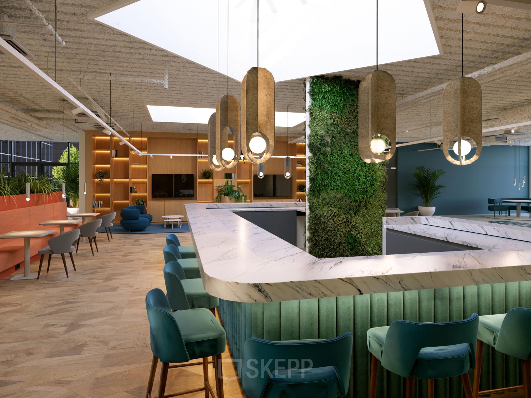 Moderne kantoorruimte aan Essebaan 63-69 in Capelle aan den IJssel met stijlvolle bar, veel natuurlijke lichtinval en comfortabele zitplaatsen. Ideaal om te huren voor inspirerend werk of informele vergaderingen.