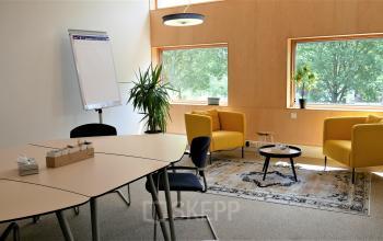 Gezellige kantoorruimte op Multatulilaan 12 in Culemborg met moderne meubels, planten en veel natuurlijk licht. Ideaal om te huren als inspirerende werkplek.