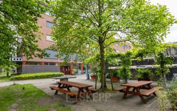 Buitenzijde van kantoorpand met groene omgeving en picknicktafels, perfect voor een ontspannen pauze tussen het werk door.