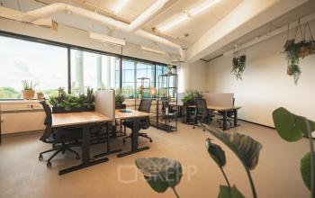 Kantoorruimte huren in modern kantoorpand op Hambakenwetering 1, Den Bosch. Het interieur heeft veel lichtinval met tafels, stoelen en planten in de werkruimtes.