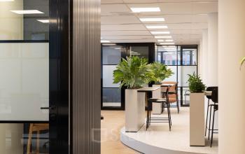 Moderne kantoorruimte met glazen wanden en groene planten op Hambakenwetering 1, Den Bosch. Ideaal om een kantoorpand te huren met stijlvol interieur en ruime werkplekken.