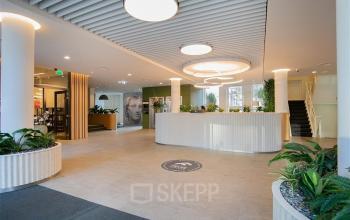 Ontdek de moderne entree van het kantoorpand op Alexanderveld 5-9, Den Haag Centrum. De ruime lobby met stijlvolle verlichting en groen biedt een gastvrije sfeer om kantoorruimte te huren.