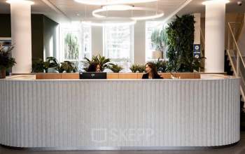 Receptie in kantoorpand op Alexanderveld 5-9, Den Haag Centrum, met twee medewerkers achter een modern ingerichte balie, omgeven door groene planten. Ideale mogelijkheid voor kantoorruimte huren.