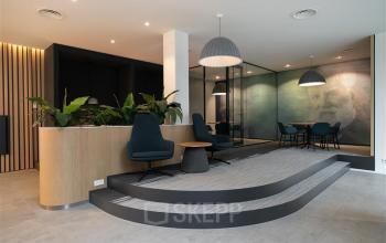Moderne kantoorruimte huren in Den Haag Centrum met stijlvol interieur, houten afwerking, groene planten en moderne verlichting. Rustige zitplaatsen en vergaderruimte aanwezig in Alexanderveld 5-9.