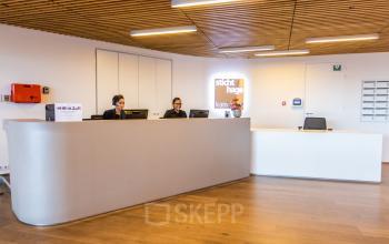 Moderne receptieruimte in een kantoorpand aan Koningin Julianaplein 10, Den Haag Centrum, met ontvangstbalie en houten plafond. Mensen verrichten receptiewerkzaamheden.