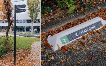 Buitenkant van kantoorpand op Zeestraat 70, Den Haag Centrum met E-charging parkeerplek.