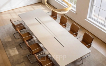 Moderne vergaderruimte in het kantoorpand op Mauritskade 9, Den Haag Centrum. Grote tafel met stijlvolle stoelen en veel natuurlijk licht door ramen. Ideaal voor kantoorruimte huren.