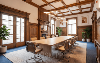 Stijlvolle, klassieke kantoorruimte op Mauritskade 9 in Den Haag Centrum, met een lange tafel en moderne stoelen, omgeven door houtwerk en planten. Geschikt voor vergaderingen en conferenties.
