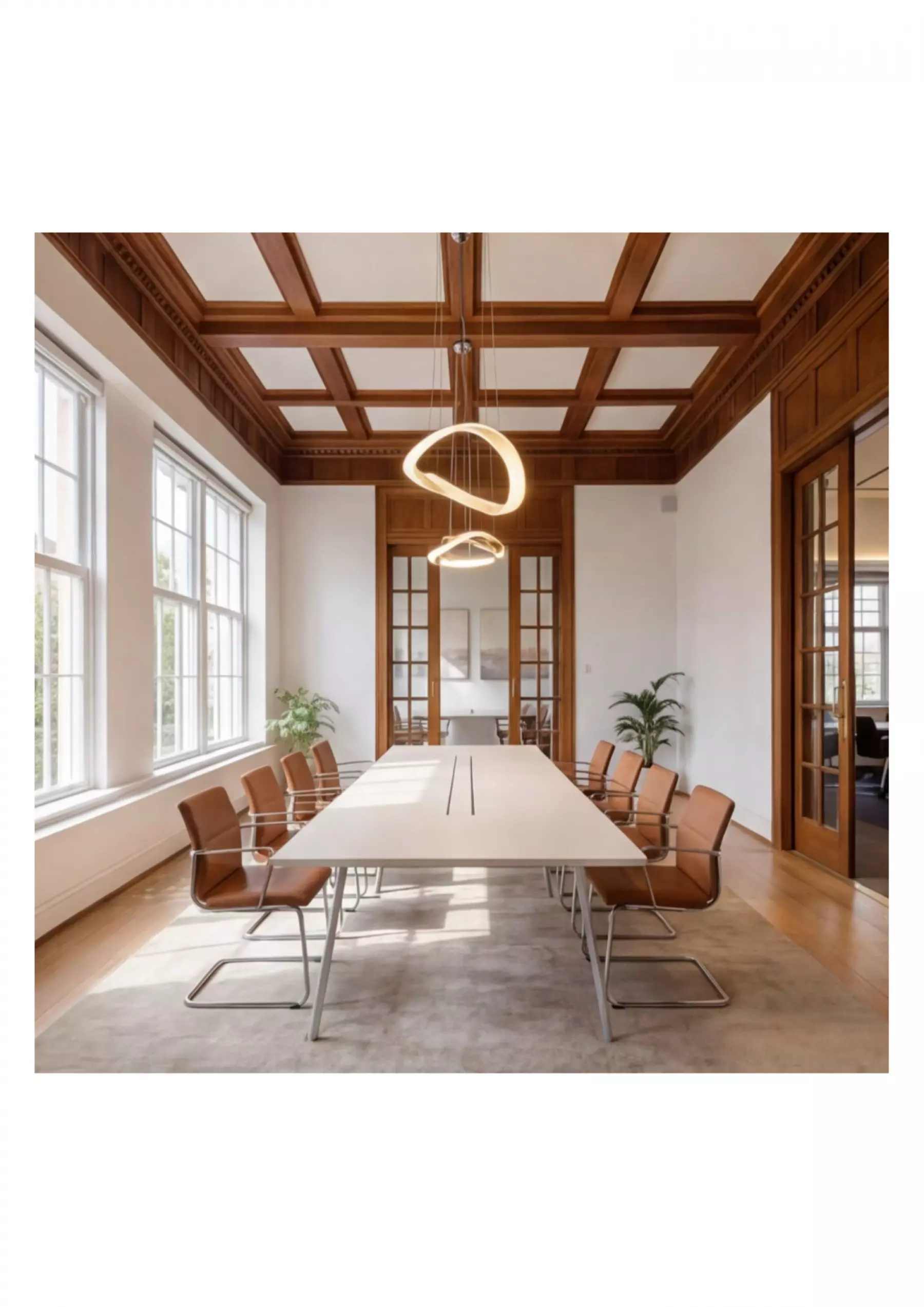 Kantoorruimte huren aan de Mauritskade 9 in Den Haag Centrum met een stijlvolle vergadertafel, leren stoelen en veel natuurlijk licht door grote ramen.