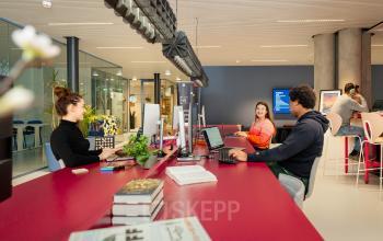 Moderne kantoorruimte huren in Den Haag Centrum, Waldopstraat 5, met vrolijke medewerkers aan het werk achter computers in een lichte en open omgeving.
