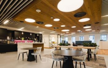 Lichte kantoorruimte binnen het kantoorpand op Prinses Margrietplantsoen 25 in Den Haag Haagse Hout, met moderne inrichting en houten plafond. Tafels en stoelen zijn aanwezig voor diverse werkactiviteiten.