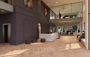 Stijlvolle entree van een kantoorpand op Johan de Wittlaan 3-7, Den Haag Statenkwartier, voorzien van een marmeren receptiebalie en kunst aan de muur, met mensen bezig met zakelijke gesprekken.