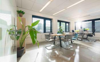 Heldere kantoorruimte aan Keulenstraat 9, Deventer, ingericht met moderne bureaus en planten, waarin individuen geconcentreerd samenwerken aan hun respectievelijke werkstations.
