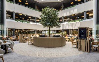 Moderne gemeubileerde kantoorruimte op Luchthavenweg 81, Eindhoven Airport, met een centraal geplaatste boom en mensen die aan tafels werken.