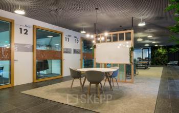 Moderne kantoorruimte in Eindhoven Centrum met vergadertafel en glazen wanden; ideaal voor bedrijven die kantoorruimte willen huren. Gezellige sfeer met groene aankleding en verlichting.