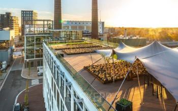 Dakterras van kantoorpand op Achtseweg Zuid 159R in Eindhoven Strijp-S, met moderne constructies en uitzicht over de stad. Ideaal voor vergaderingen tijdens werkpauzes.