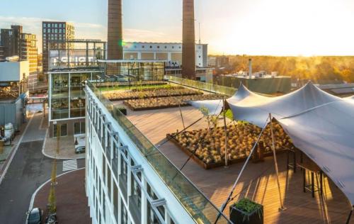 Dakterras van kantoorpand op Achtseweg Zuid 159R in Eindhoven Strijp-S, met moderne constructies en uitzicht over de stad. Ideaal voor vergaderingen tijdens werkpauzes.