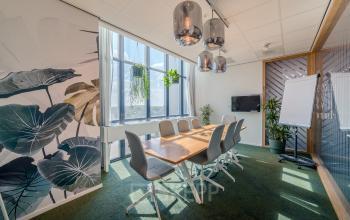 Moderne vergaderruimte met een lange houten tafel, comfortabele stoelen en veel natuurlijke lichtinval. Planten decoreren de ruimte in Eindhoven Strijp-S, Torenallee 20.