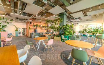 Lichte en groene werkplek in Eindhoven Strijp-S met moderne inrichting en veel planten. Ideale kantoorruimte huren met ronde tafels en comfortabele stoelen.