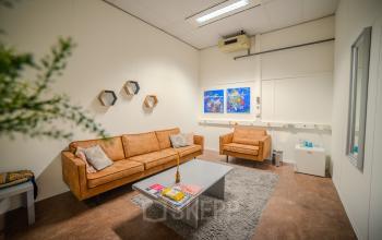 Kantoorruimte met bruine banken, grijs vloerkleed en moderne kunst aan de muren in een kantoorpand in Eindhoven Strijp-S.