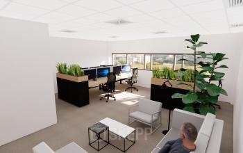 Kantoorpand op Brandweerstraat 20-30 in Enschede met moderne werkplekken, zitruimte en veel groen. Ideale plek om kantoorruimte te huren.
