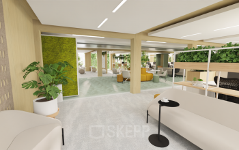 Kantoorruimte huren op Moutlaan 1-23 in Enschede. Modern interieur met open werkplekken, groene elementen en comfortabele zitgedeeltes. Rustgevende sfeer voor optimale productiviteit.