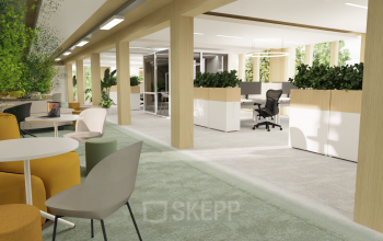 Moderne kantoorruimte huren aan Moutlaan 1-23, Enschede, met open indeling, groene planten, comfortabele stoelen en werkplekken.