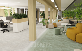 Ruime en moderne werkplek in Enschede met open indeling en veel groen, ideaal voor kantoorruimte huren. Zithoeken en bureaus zijn strategisch geplaatst voor optimale productiviteit.