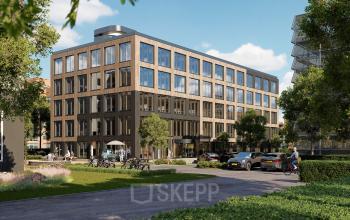 Modern kantoorpand op Moutlaan 1-23 in Enschede met grote ramen en een strak ontwerp omgeven door groen. Ideaal voor kantoorruimte huren.