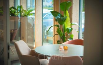 Moderne kantoorruimte huren aan Moutlaan 1-23, Enschede met stijlvolle ronde tafel, comfortabele stoelen en groen decor voor een inspirerende werkervaring.